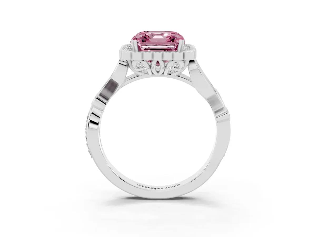 Fancy Pink Asscher Cut Diamond Halo Ring with Vintage Split Shank and Four-Prong Setting Silver