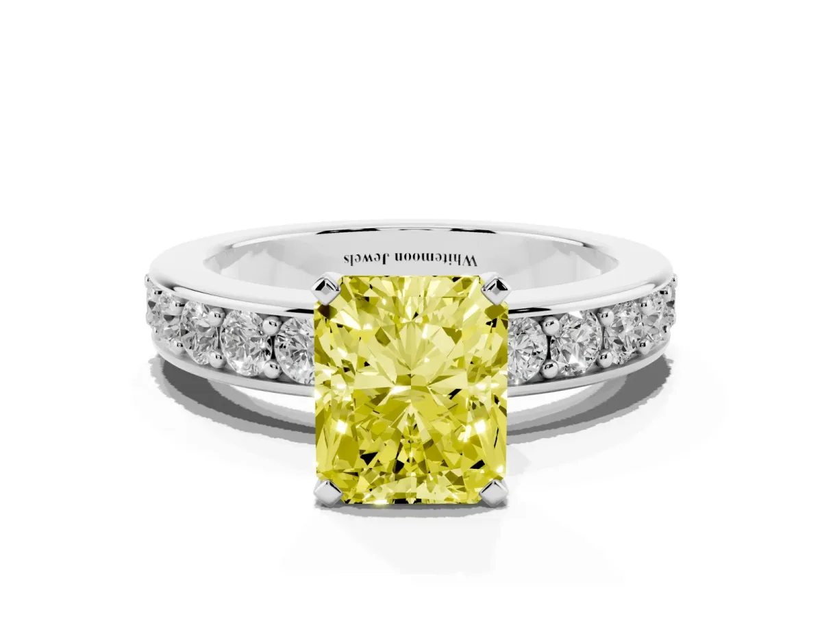 Fancy Yellow Radiant Cut Diamond Engagement Ring with Channel Set Round Band and Prong Setting White gold