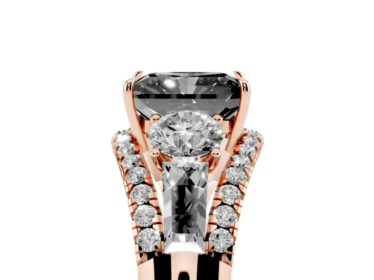 Fancy Black Three-Stone Radiant Cut Diamond Engagement Ring with Pave Band and Prong Setting Rose gold