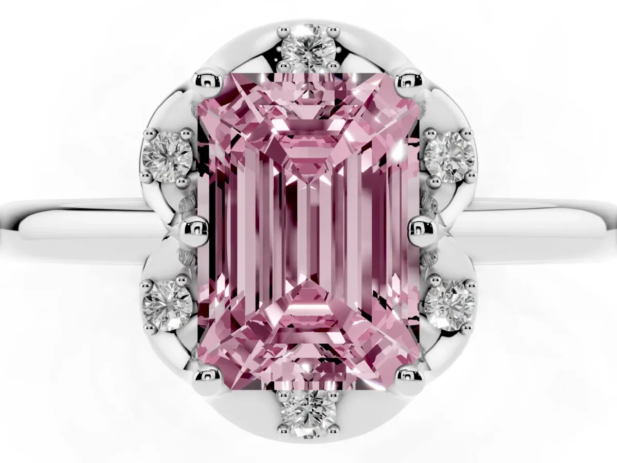 Fancy Pink Emerald Cut Halo Diamond Ring with Round Cluster Setting, Solitaire Band, and Four-Prong Setting Silver