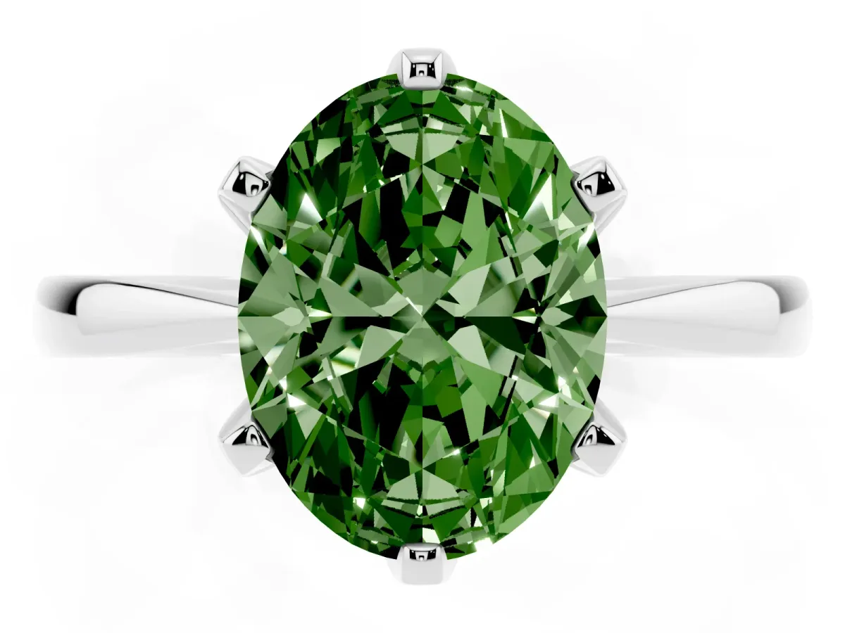 Fancy Green Oval Cut Solitaire Engagement Ring with Six-Prong Setting and Tapered Band Platinum