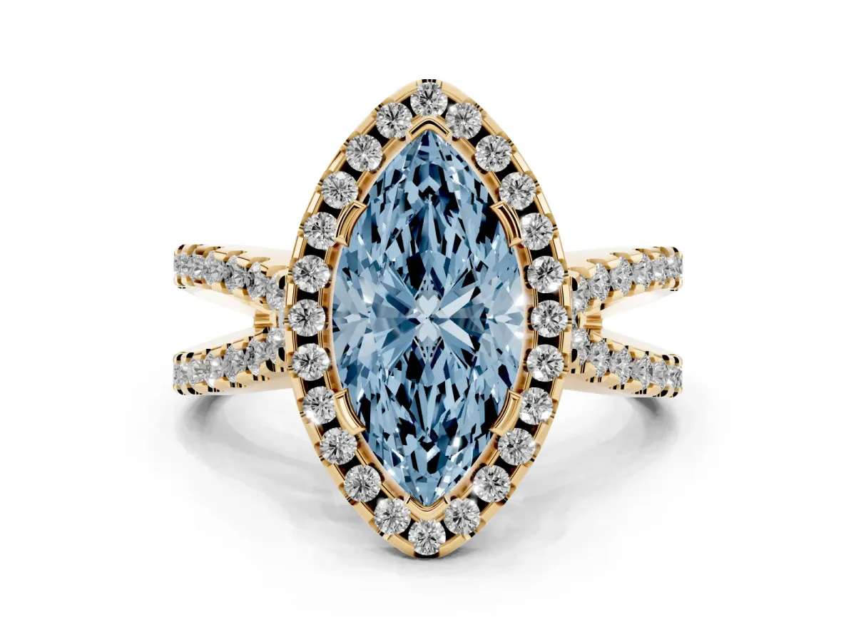 Fancy Blue Marquise Cut Diamond Halo Ring with Split Shank Pavé Band and Prong Setting Yellow gold