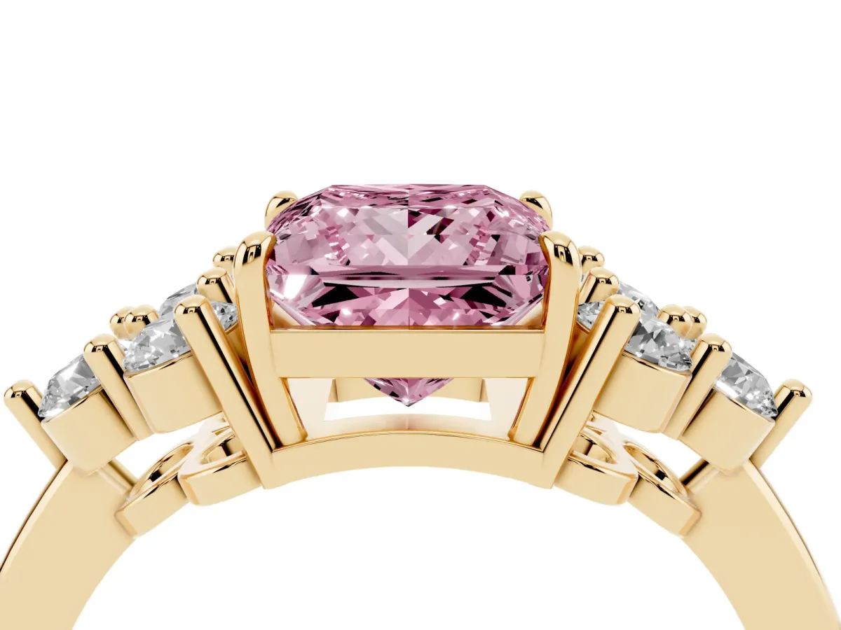 Fancy Pink Princess Cut Brilliant Diamond Cluster Accent Solitaire Ring with Prong Setting Yellow gold