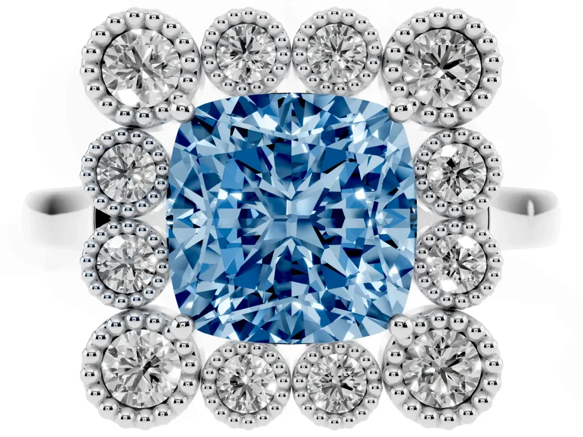 Fancy Blue Cushion Cut Halo Diamond Cluster Engagement Ring with Milgrain Bezel Setting and Solitaire Band White gold