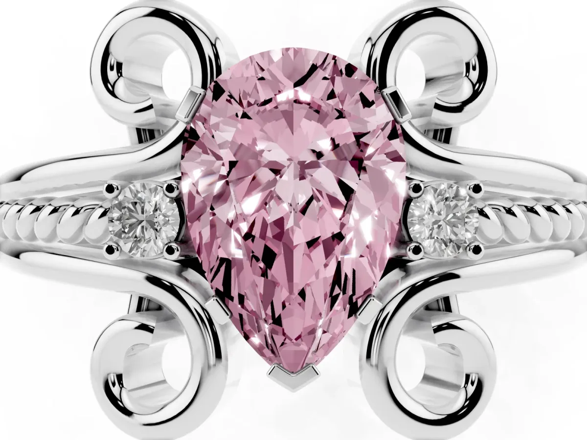 Fancy Pink Pear Cut Solitaire Twisted Band Scroll Prong Ring Silver