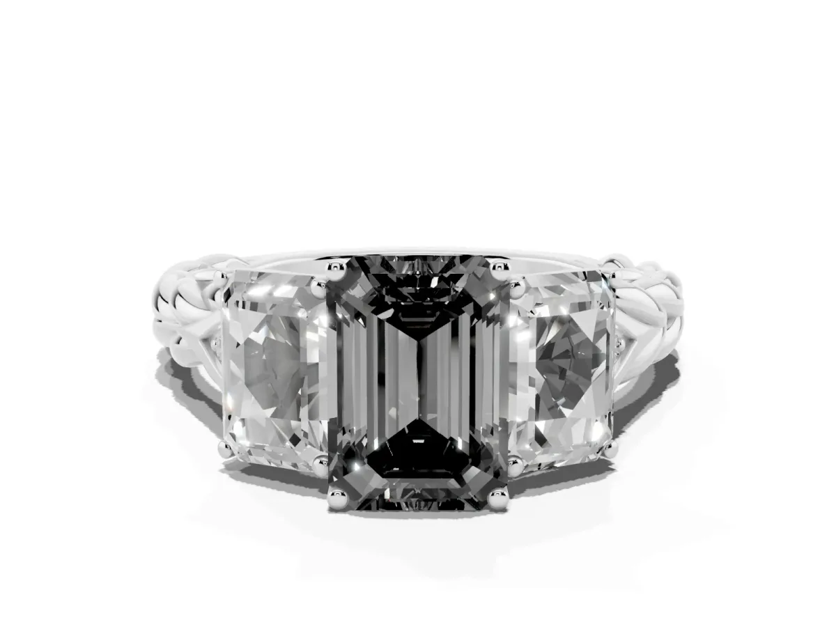 Fancy Black Three-Stone Radiant Cut Diamond Braided Band Ring with Four-Prong Setting Platinum