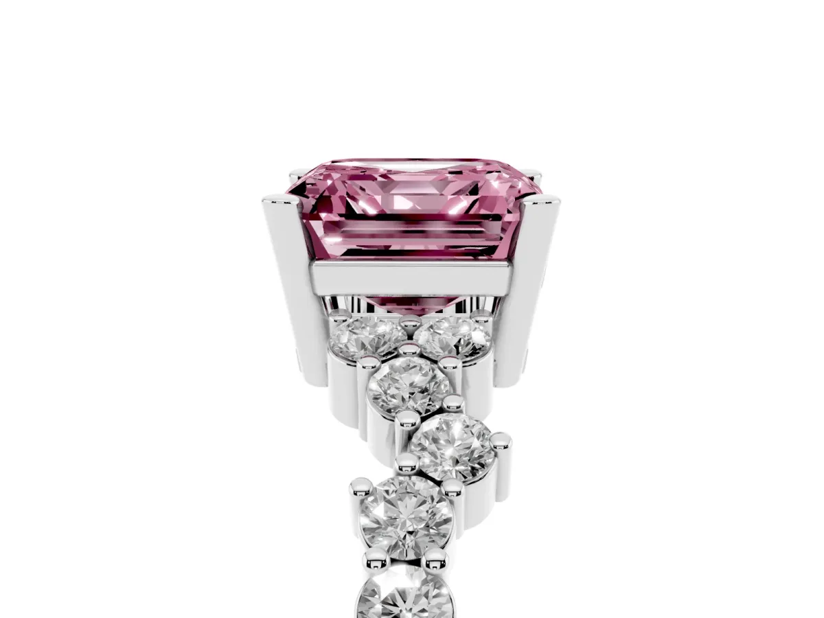 Fancy Pink Asscher Cut Diamond Scattered Round Accent Ring with Prong Setting White gold
