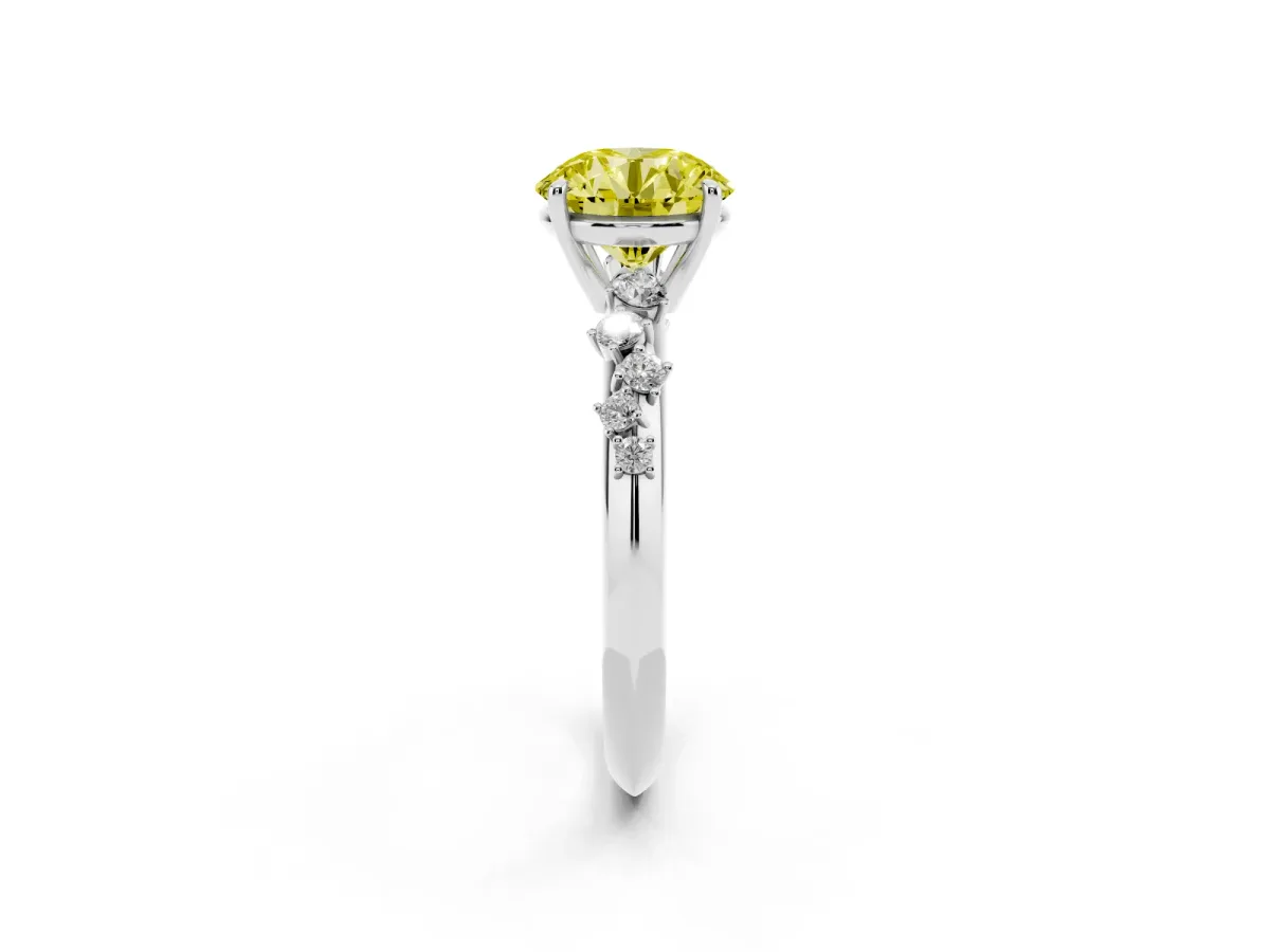 Fancy Yellow Round Cut Diamond Cluster Side Stone Solitaire Ring with Prong Setting Silver