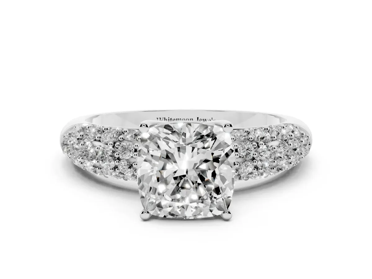 Cushion Cut Diamond Pavé Band Solitaire Ring with Four-Prong Setting Silver