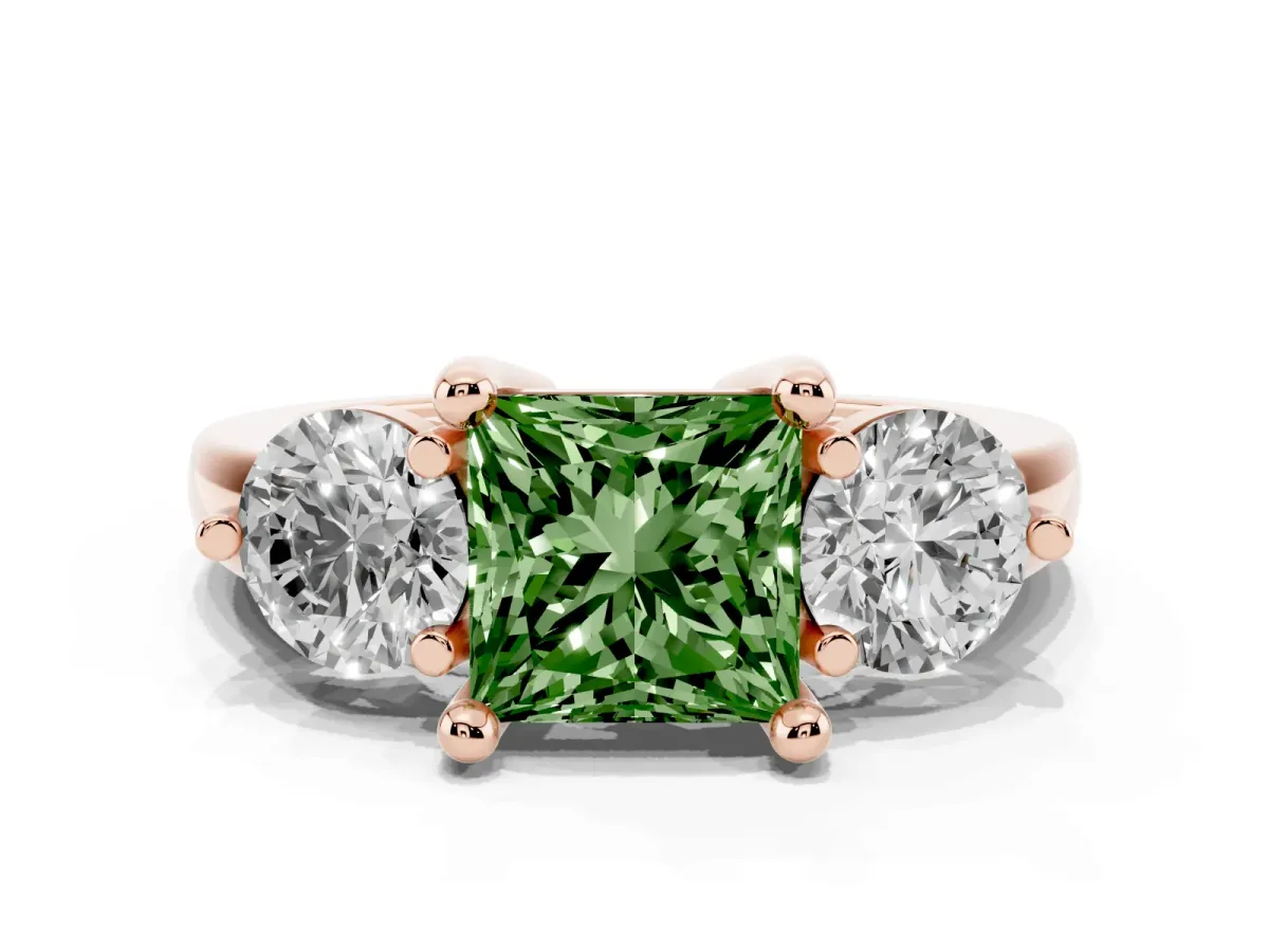 Fancy Green Three-Stone Princess Cut Brilliant Cut Solitaire Ring with Prong Setting on a Classic Band Rose gold