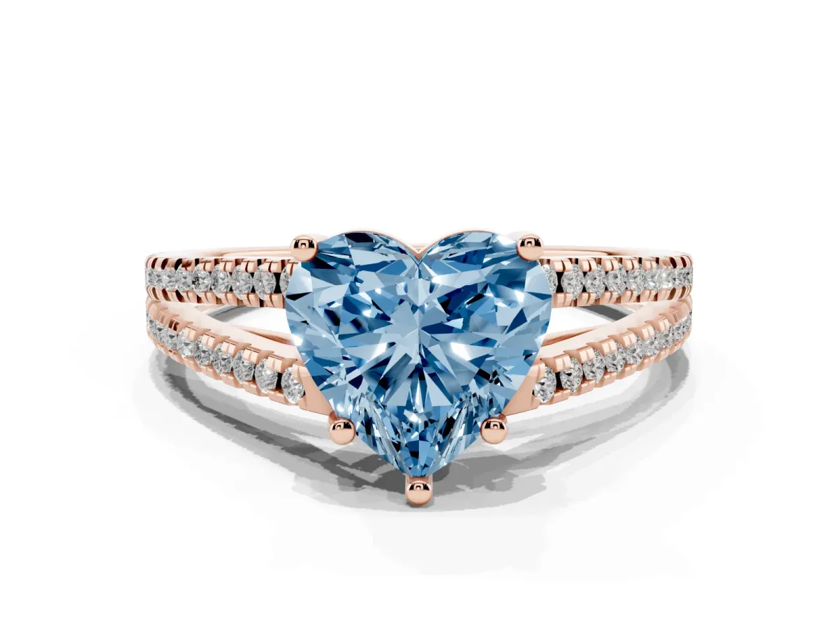 Fancy Blue Heart Cut Diamond Solitaire Engagement Ring with Split Shank Pavé Band Rose gold