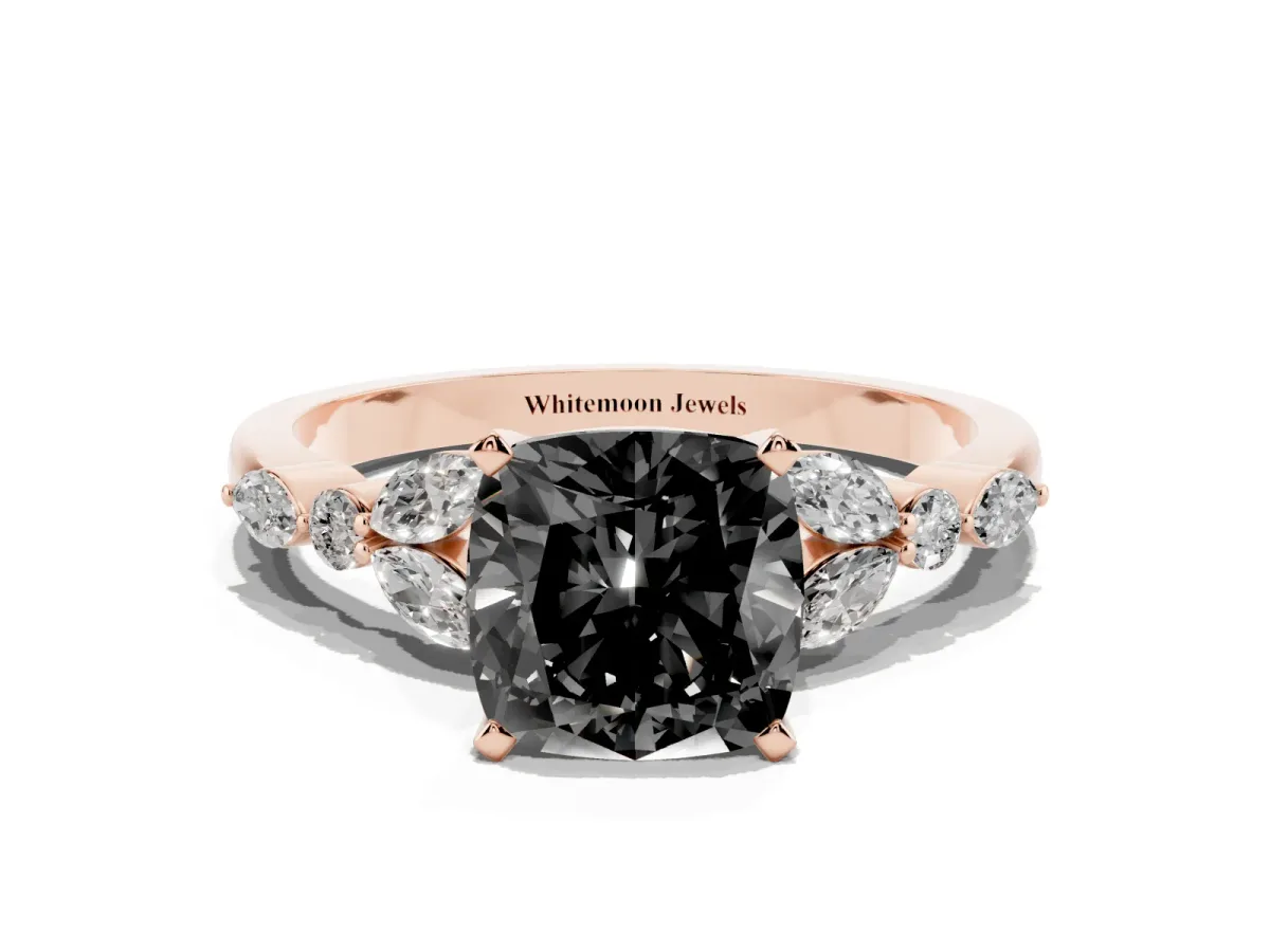 Fancy Black Cushion Cut Diamond Solitaire Ring with Side Stones and Four-Prong Setting Rose gold