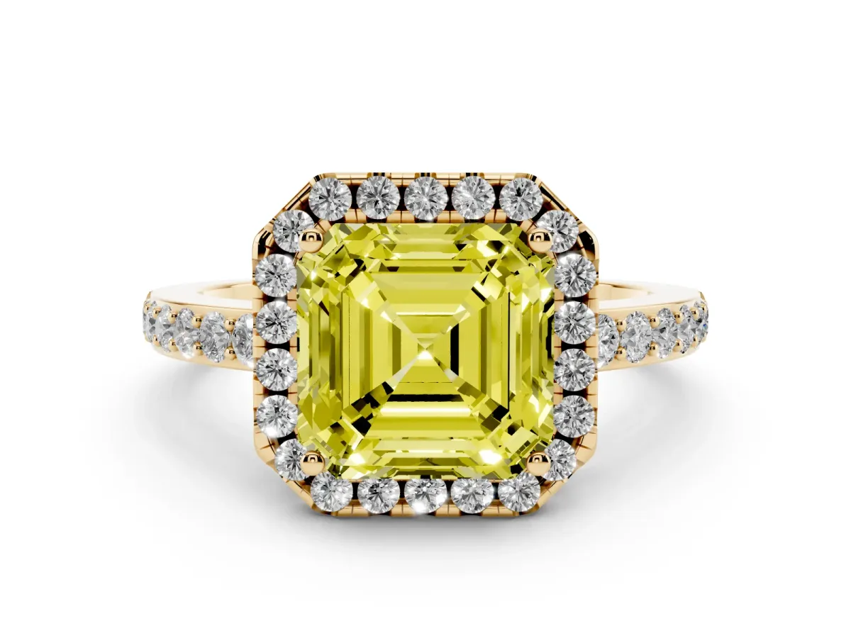 Fancy Yellow Asscher Cut Halo Diamond Pavé Band Ring with Prong Setting Yellow gold
