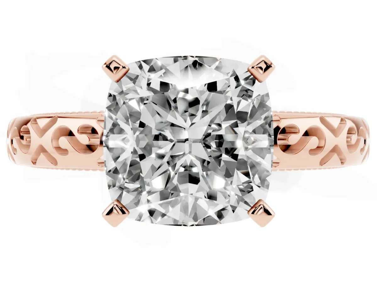 Cushion Cut Solitaire Engagement Ring with Scrollwork Band and Four-Prong Setting Rose gold