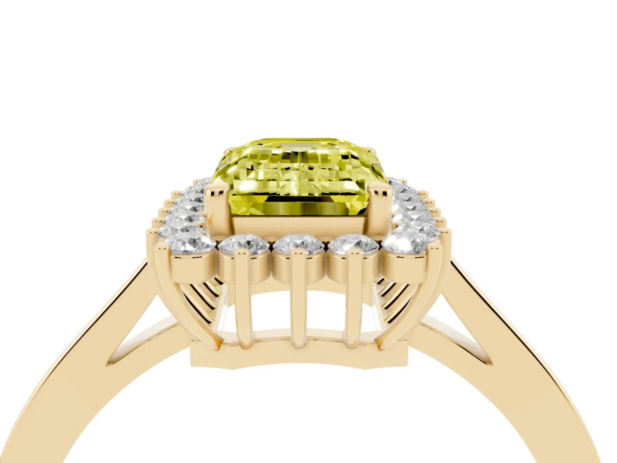Fancy Yellow Emerald Cut Cut Diamond Halo Ring with Round Brilliant Halo and Solitaire Band Yellow gold