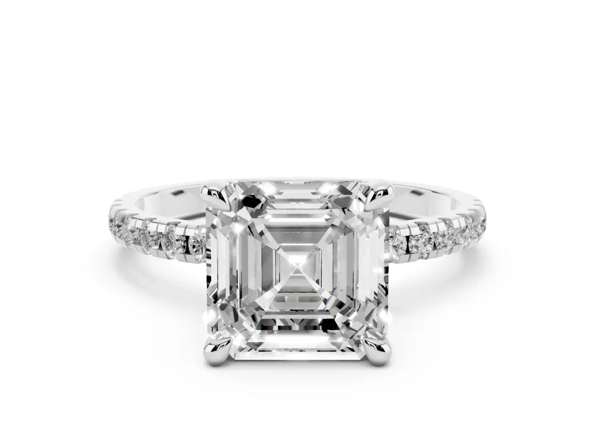 Asscher Cut Diamond Brilliant Solitaire Ring with Pavé Band and Four-Prong Setting Platinum