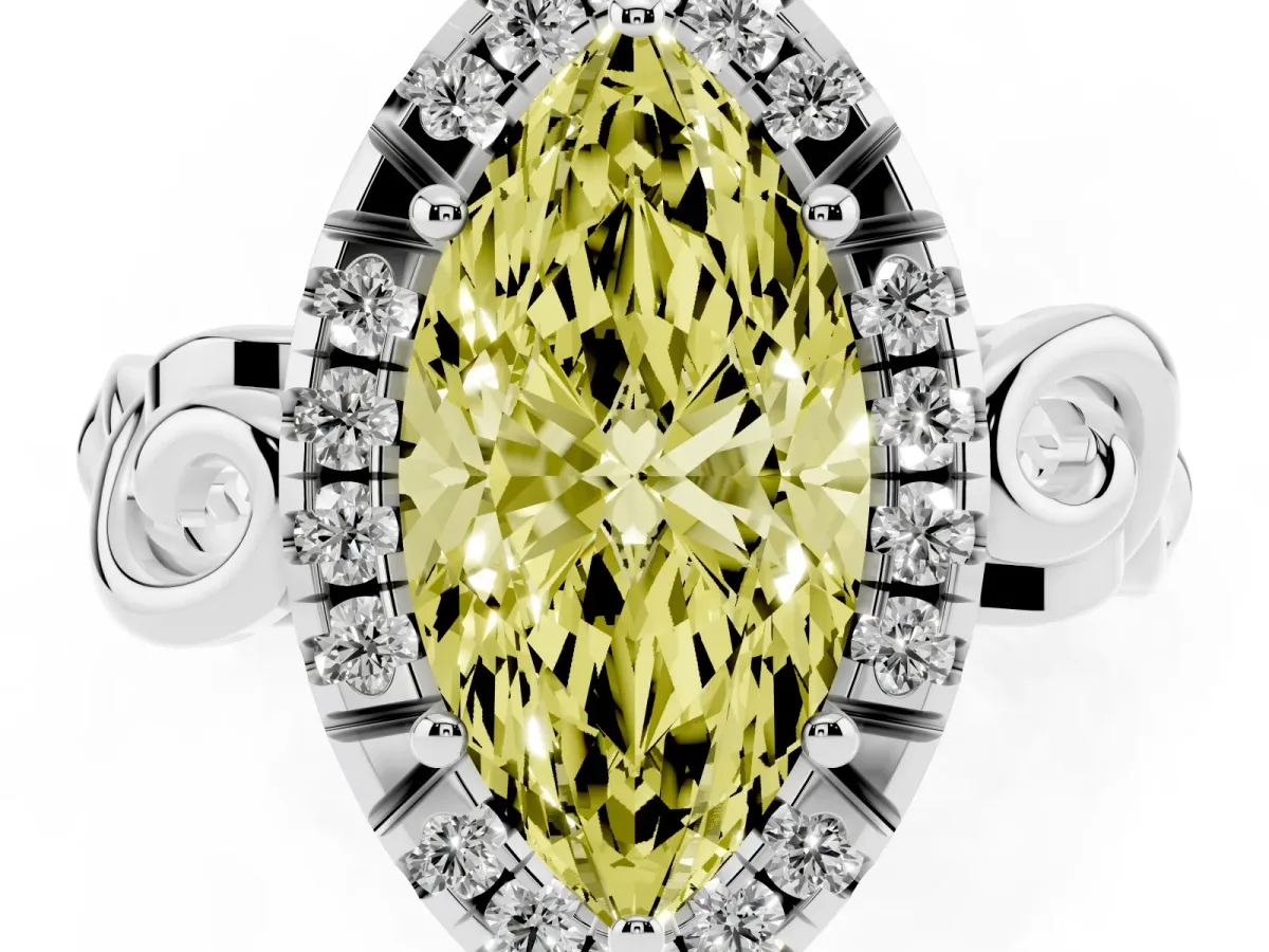 Fancy Yellow Marquise Cut Cut Halo Diamond Ring with Scrollwork Band and Four-Prong Setting Silver