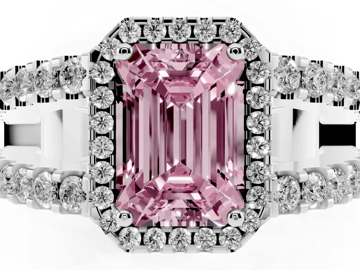 Fancy Pink Emerald Cut Cut Halo Split Shank Diamond Ring with Four-Prong Setting Silver