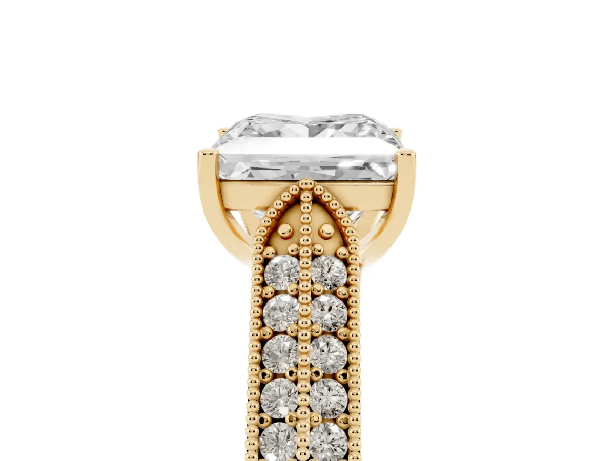 Princess Cut Cut Pave Split Shank Engagement Ring with Four-Prong Setting Yellow gold