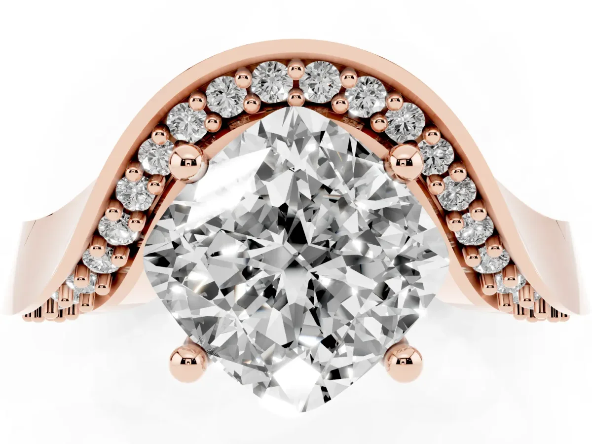 Cushion Cut Solitaire Diamond Engagement Ring with Pave Band and Four-Prong Setting Rose gold