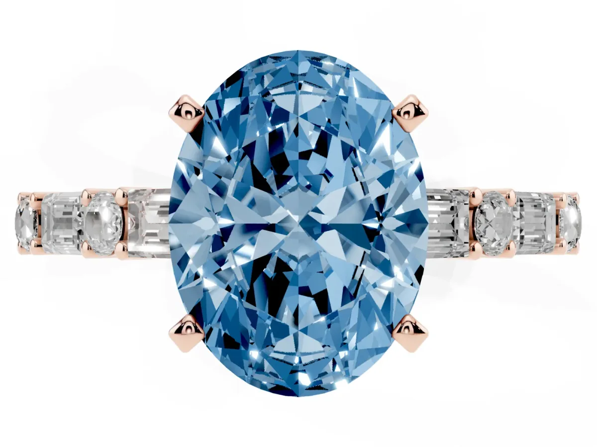 Fancy Blue Oval Cut Diamond Solitaire with Side Baguettes and Channel Set Band Rose gold