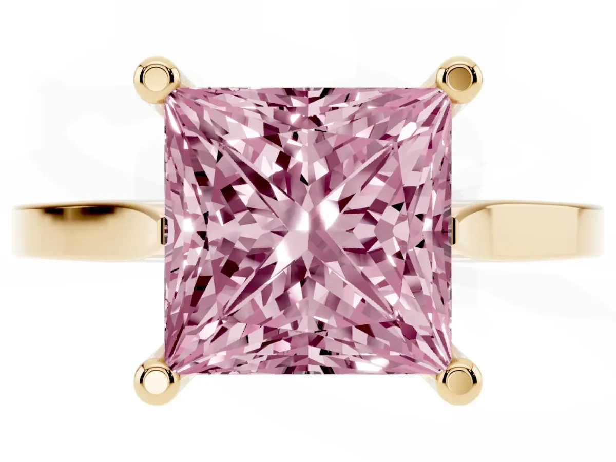 Fancy Pink Princess Cut Solitaire Diamond Ring with Four-Prong Setting and Tapered Band Yellow gold