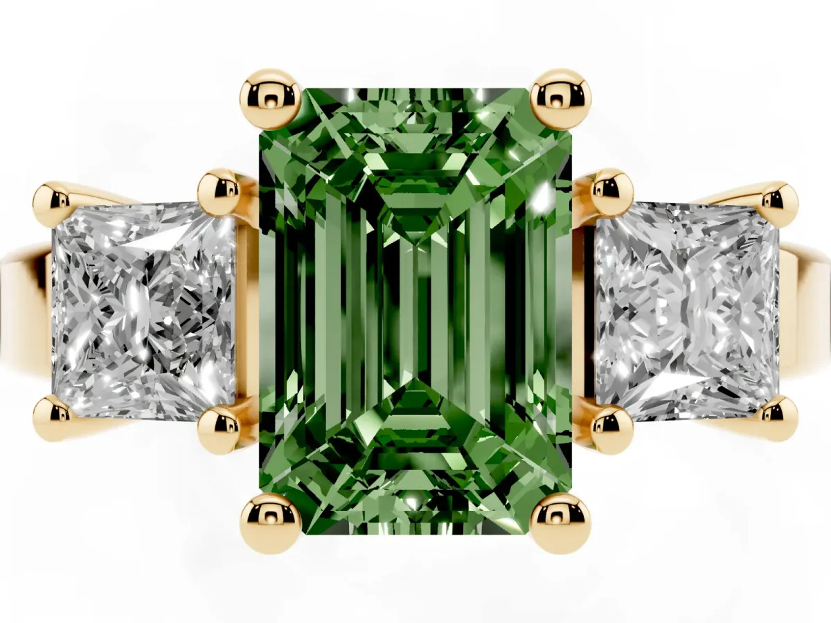 Fancy Green Three-Stone Emerald Cut Cut Solitaire Ring with Prong Setting Yellow gold
