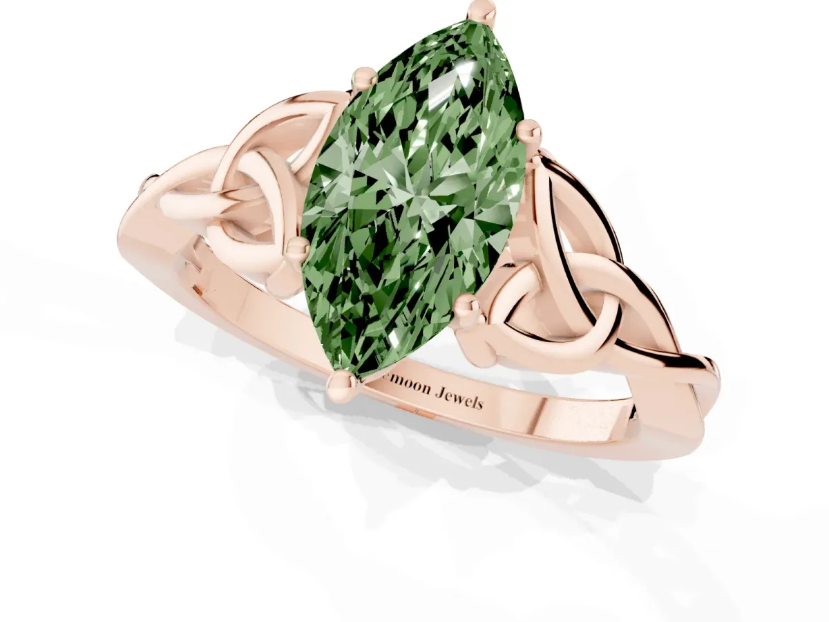 Fancy Green Marquise Cut Diamond Solitaire Engagement Ring with Celtic Knot Band and Four-Prong Setting Rose gold
