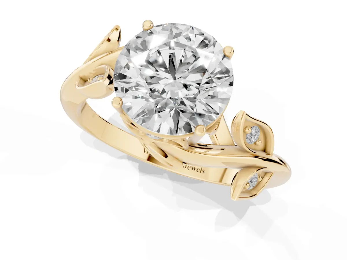 Round Cut Solitaire Twist Engagement Ring with Leaf Accents and Prong Setting Yellow gold