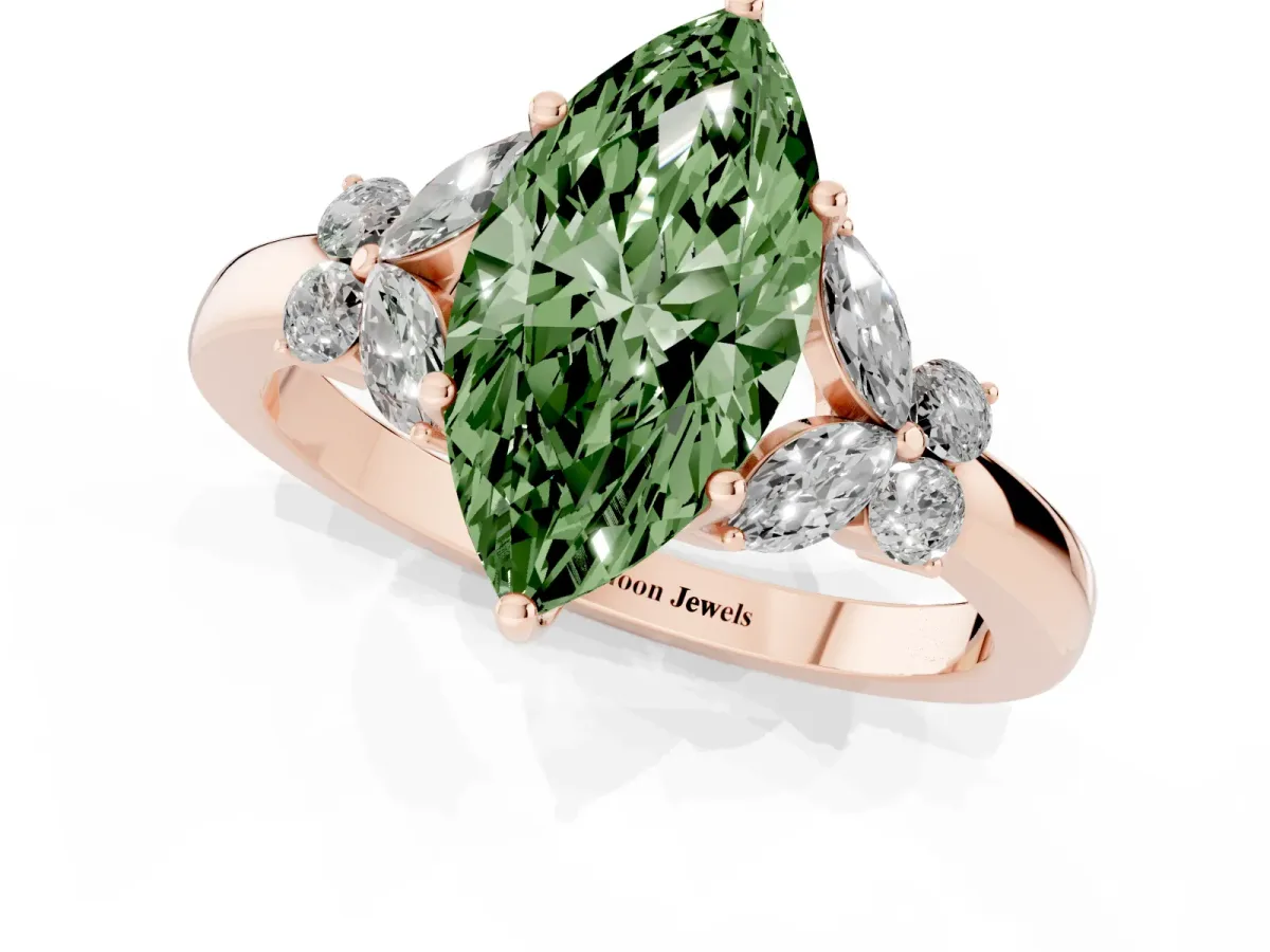 Fancy Green Marquise Cut Cut Solitaire Floral Diamond Ring with Four-Prong Setting Rose gold
