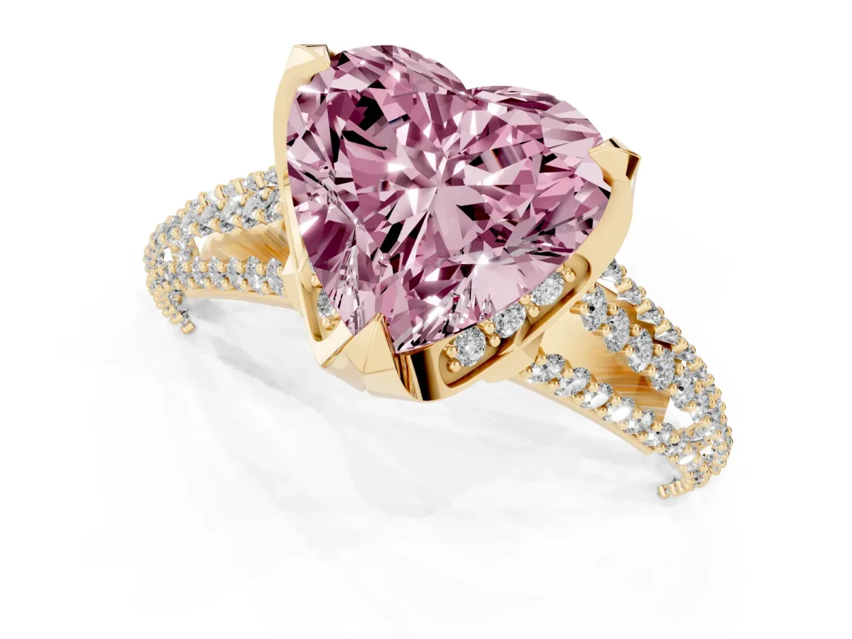 Fancy Pink Heart Cut Solitaire Pave Split Shank Ring with Four-Prong Setting Yellow gold