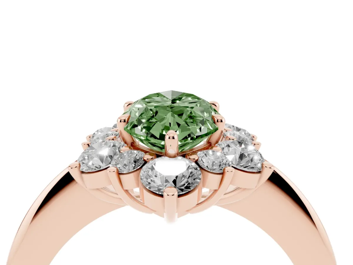 Fancy Green Marquise Cut Diamond Cluster Halo Ring with Solitaire Band and Four-Prong Setting Rose gold