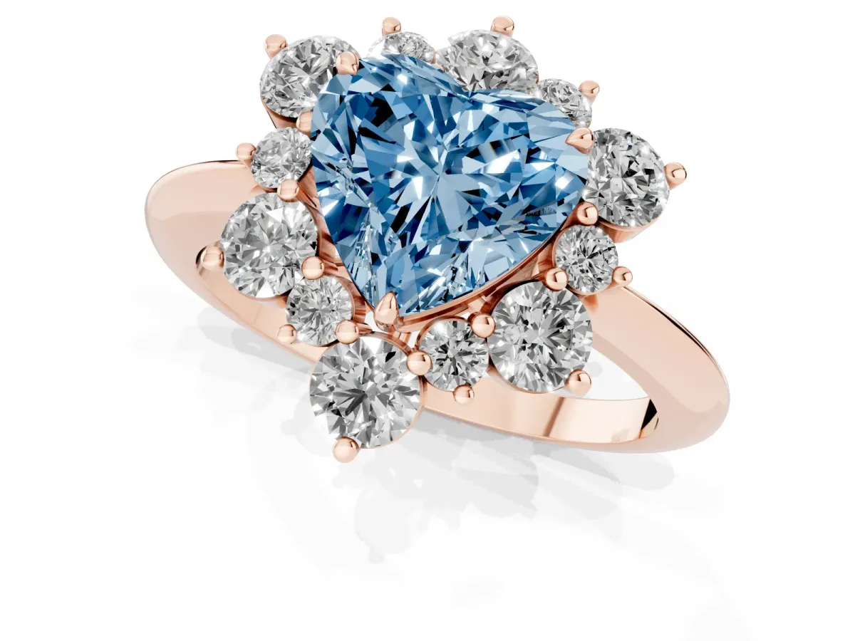 Fancy Blue Heart Cut Diamond Cluster Halo Ring with Solitaire Band and Four-Prong Setting Rose gold
