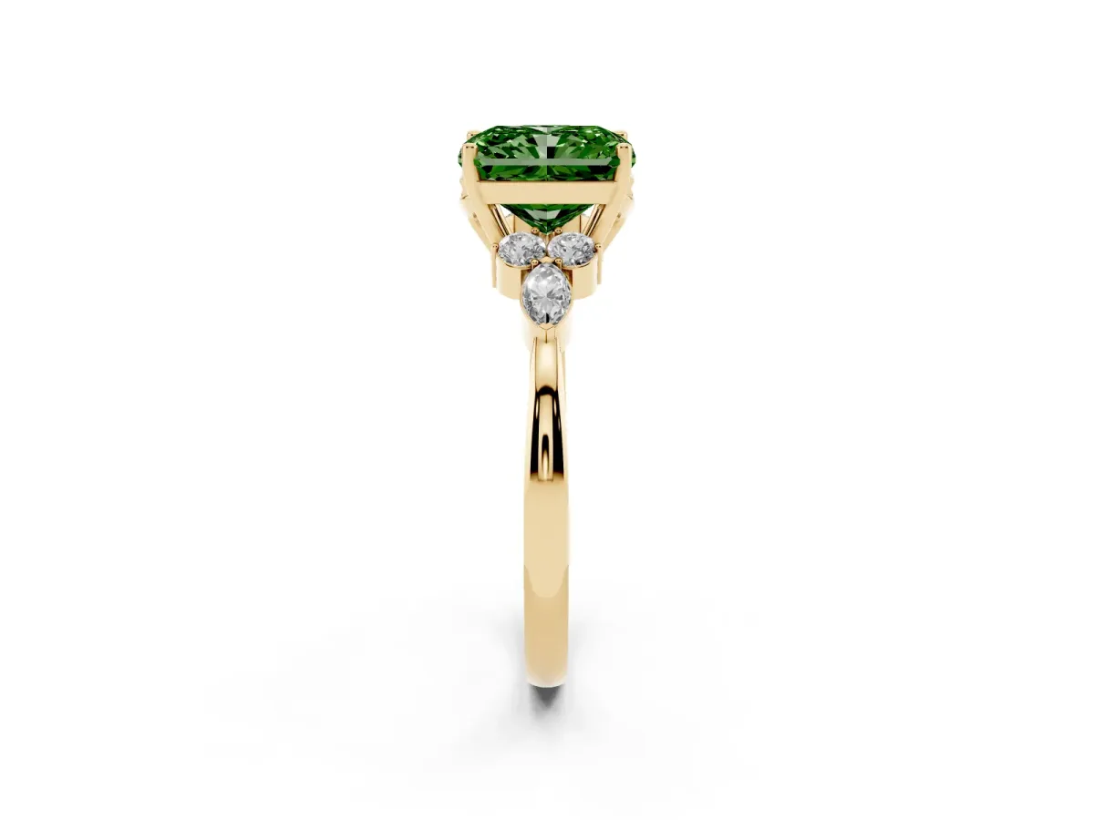 Fancy Green Radiant Cut Brilliant Diamond Solitaire Ring with Pear Side Stones and Four-Prong Setting Yellow gold