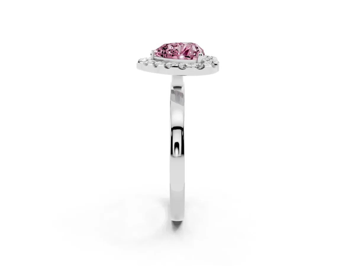 Fancy Pink Heart Cut Halo Diamond Solitaire with Pavé Band and Four-Prong Setting Platinum
