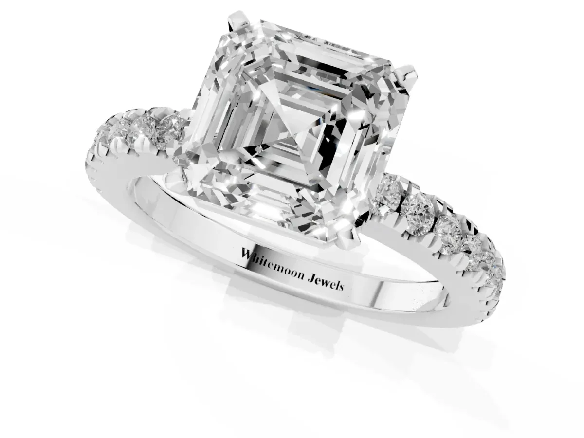 Asscher Cut Solitaire Diamond with Pavé Band and Four-Prong Setting Silver