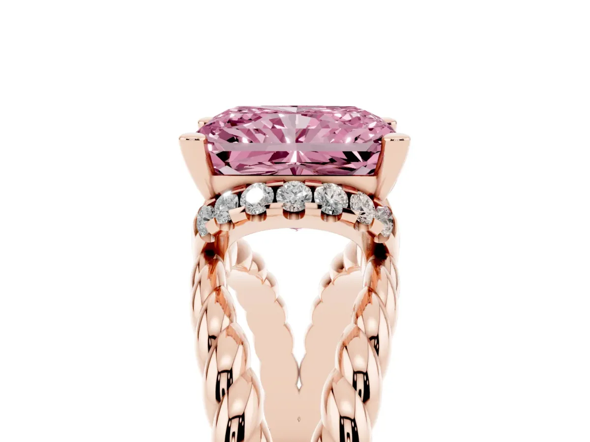 Fancy Pink Radiant Cut Halo Twisted Band Four-Prong Ring Rose gold