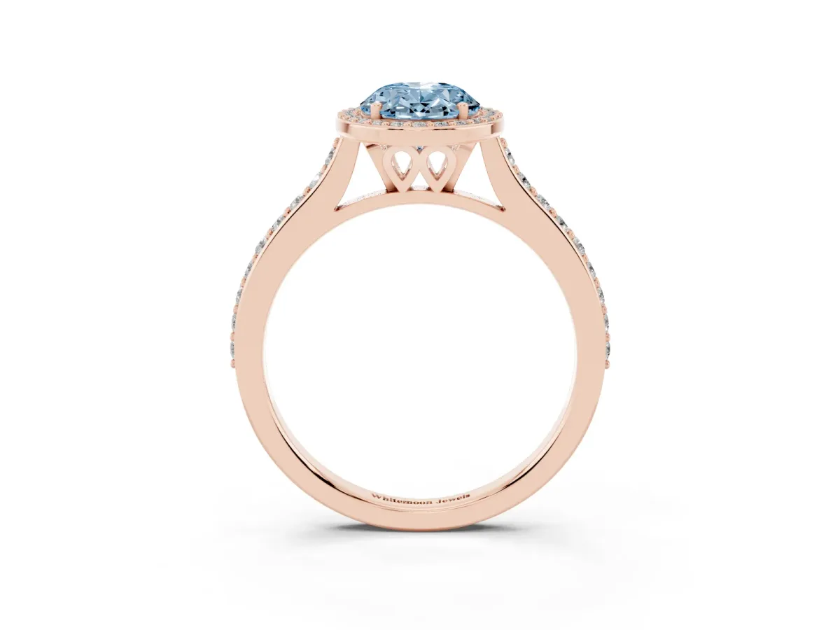 Fancy Blue Oval Cut Diamond Halo Engagement Ring with Round Pavé Shoulders and Prong Setting Rose gold