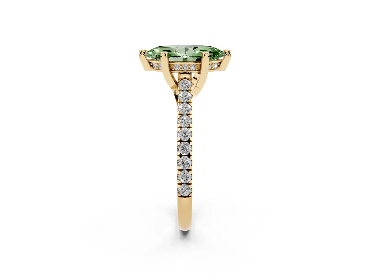 Fancy Green Marquise Cut Brilliant Diamond Solitaire with Pavé Band and Four-Prong Setting Yellow gold