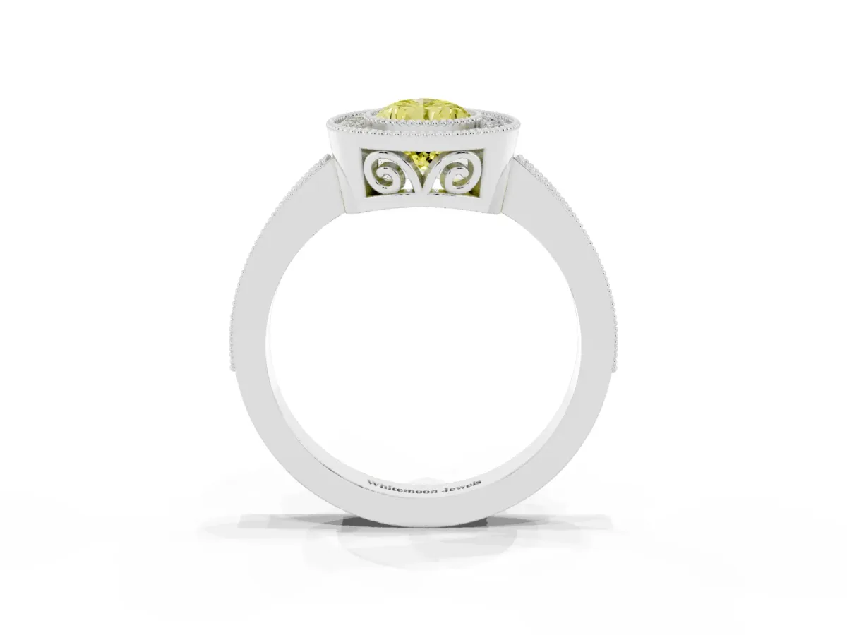 Fancy Yellow Pear Cut Cut Halo Diamond Ring with Pavé Band and Milgrain Prong Setting Silver