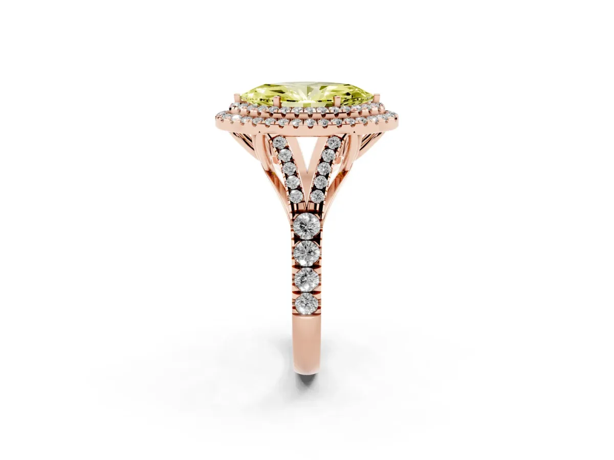 Fancy Yellow Double Halo Marquise Cut Diamond Split Shank Engagement Ring with Four-Prong Setting Rose gold