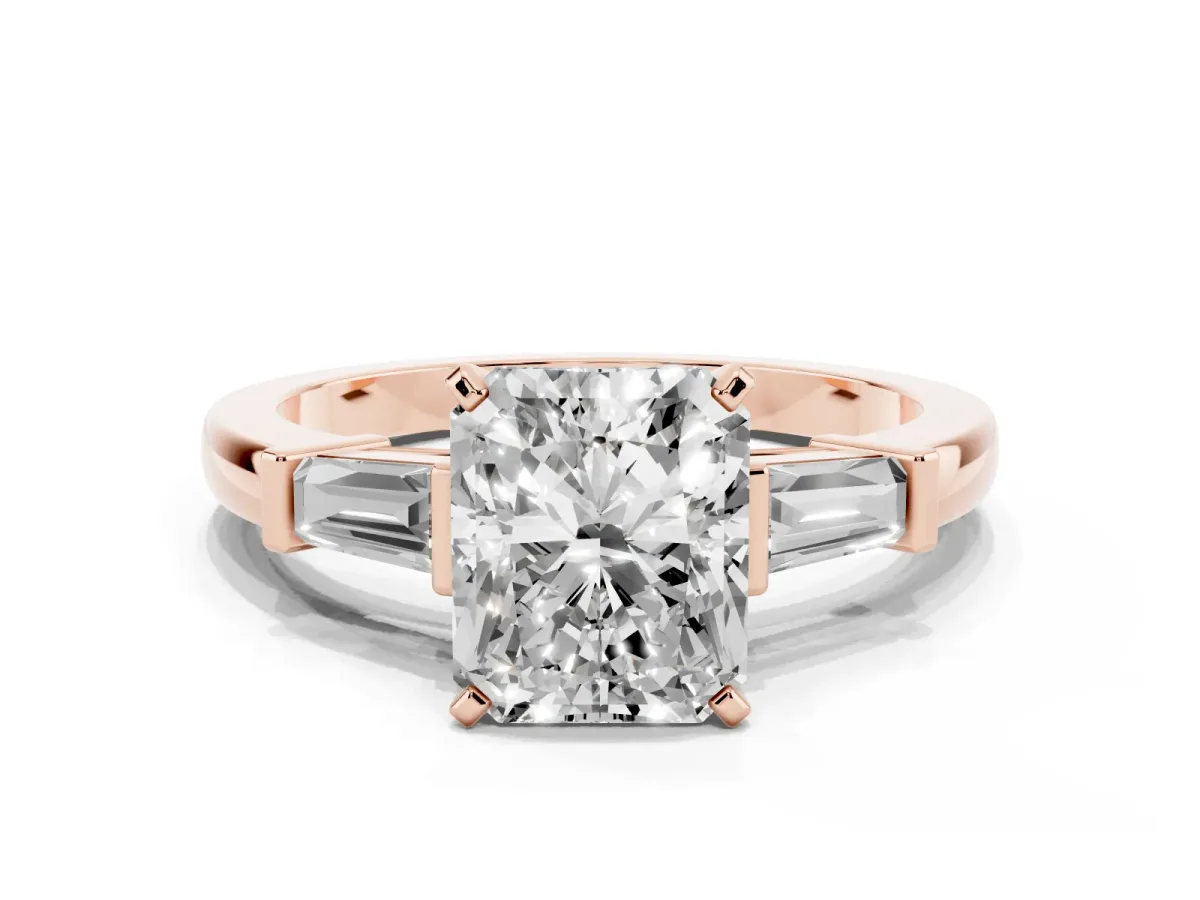 Radiant Cut Cut Diamond Solitaire Ring with Tapered Baguette Accents and Four-Prong Setting Rose gold