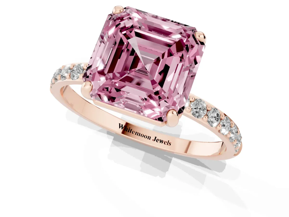 Fancy Pink Asscher Cut Diamond Solitaire Ring with Round Pavé Band and Prong Setting Rose gold