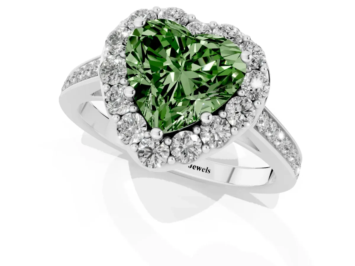 Fancy Green Heart Cut Diamond Floral Halo Ring with Pavé Band and Prong Setting Platinum