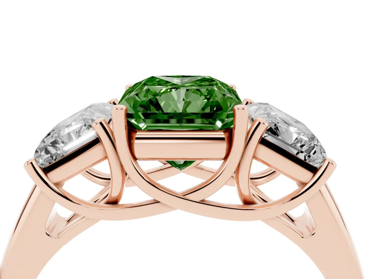 Fancy Green Three-Stone Radiant Cut Diamond Engagement Ring with Prong Setting Rose gold