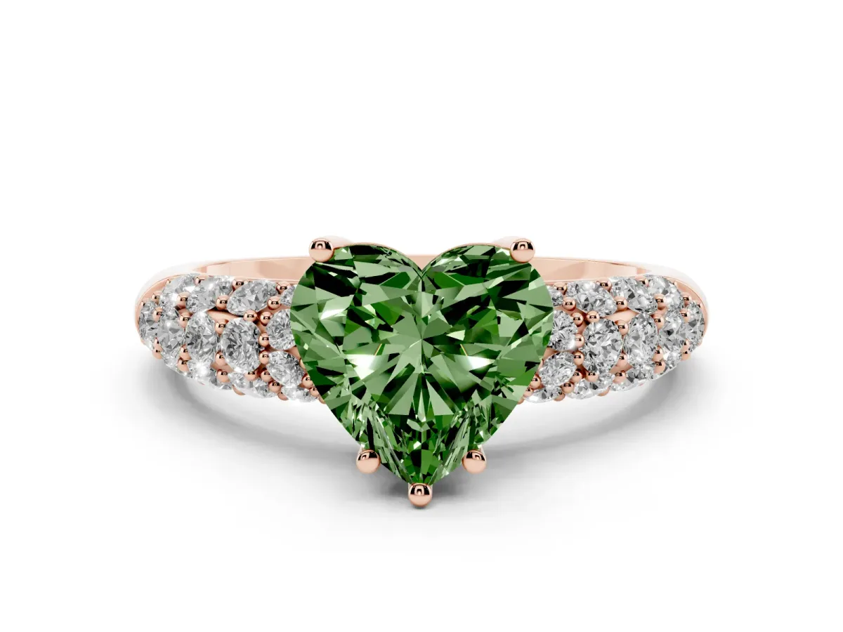 Fancy Green Heart Cut Diamond Pavé Band Solitaire Ring with Four-Prong Setting Rose gold