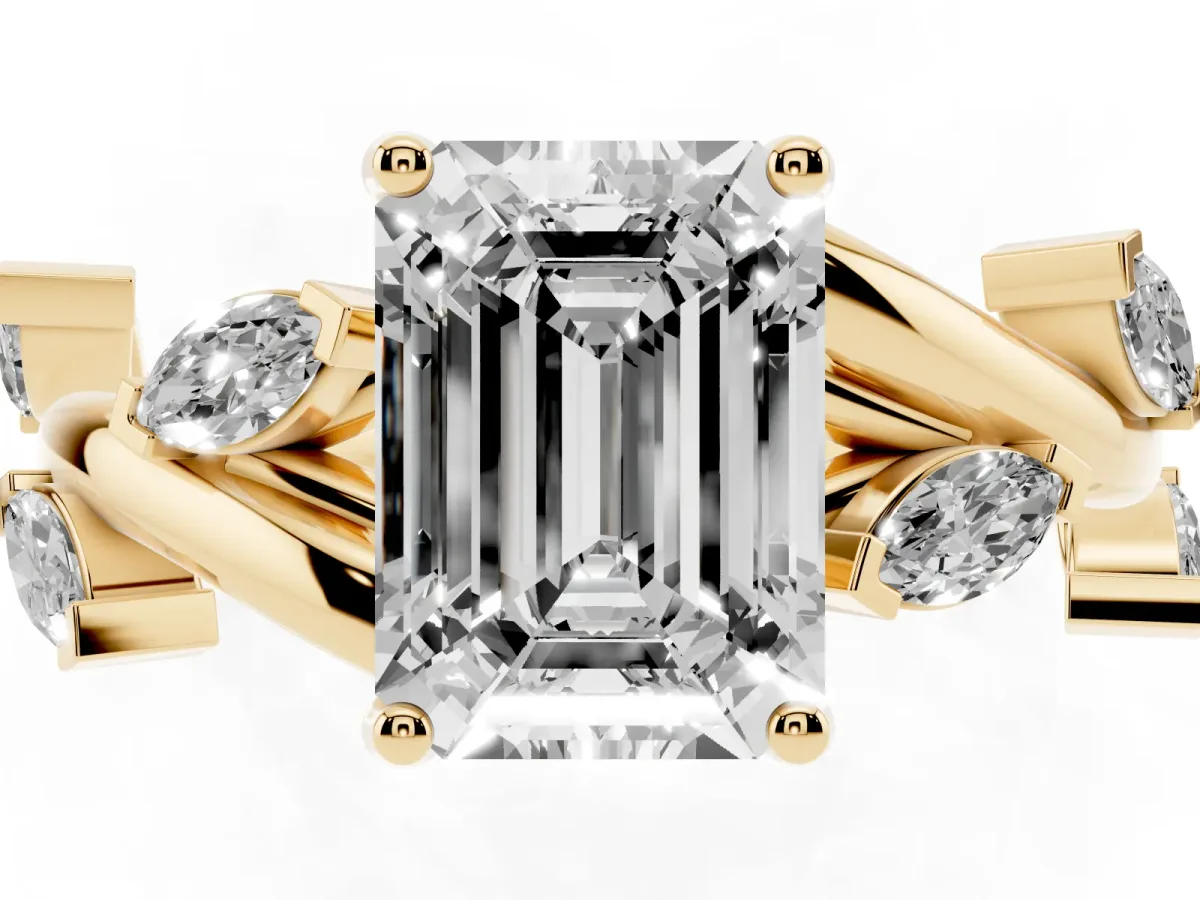 Emerald Cut Solitaire Twisted Band Marquise Accent Prong Setting Ring Yellow gold