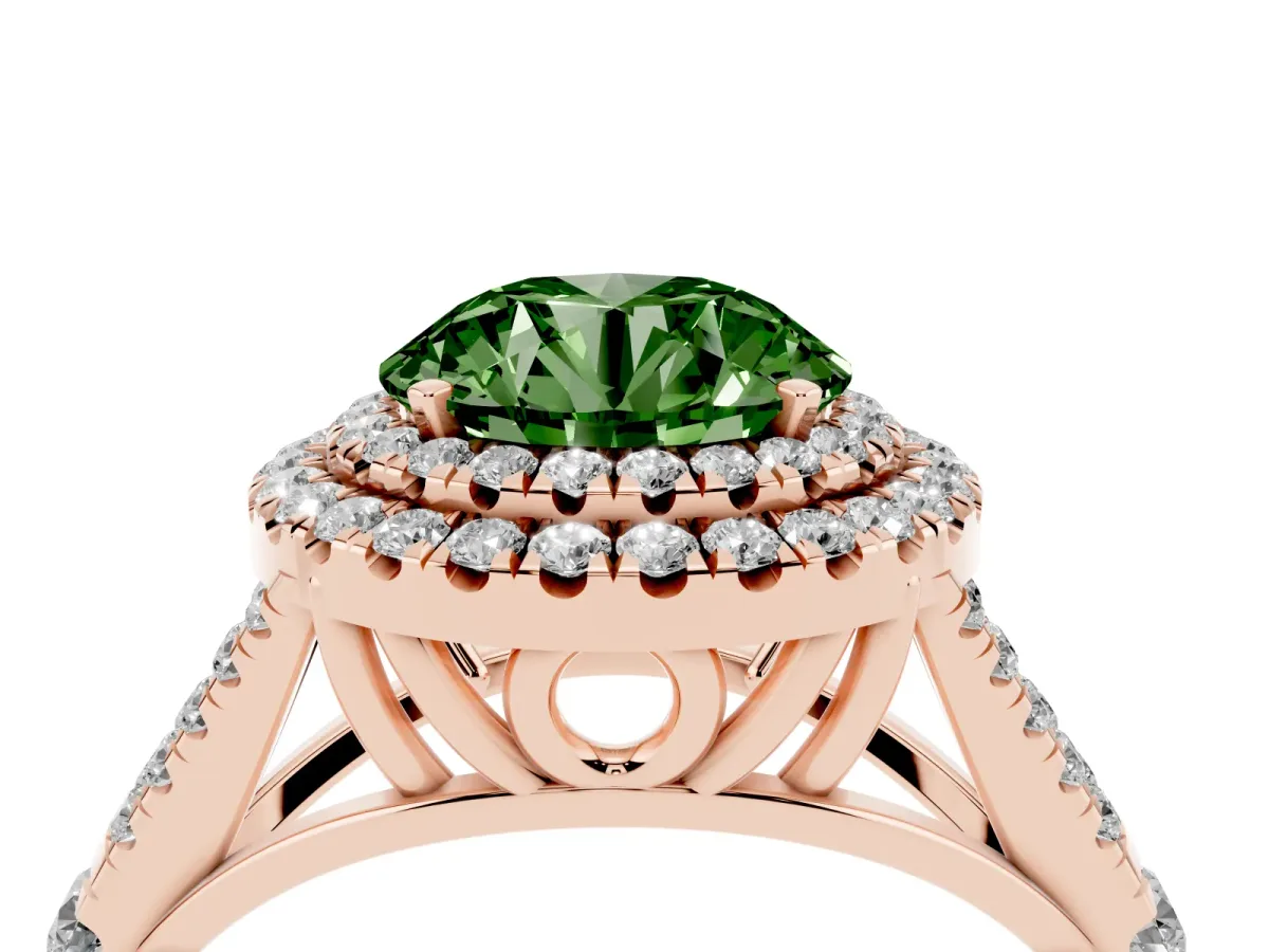 Fancy Green Round Cut Diamond Double Halo Ring with Split Shank and Prong Setting Rose gold