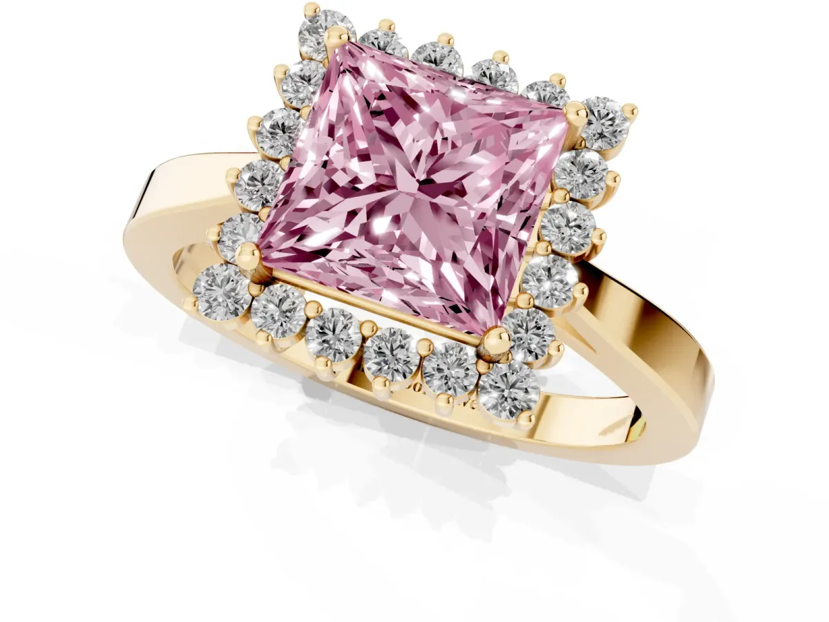 Fancy Pink Princess Cut Cut Diamond Halo Ring with Round Brilliant Halo and Solitaire Band Yellow gold