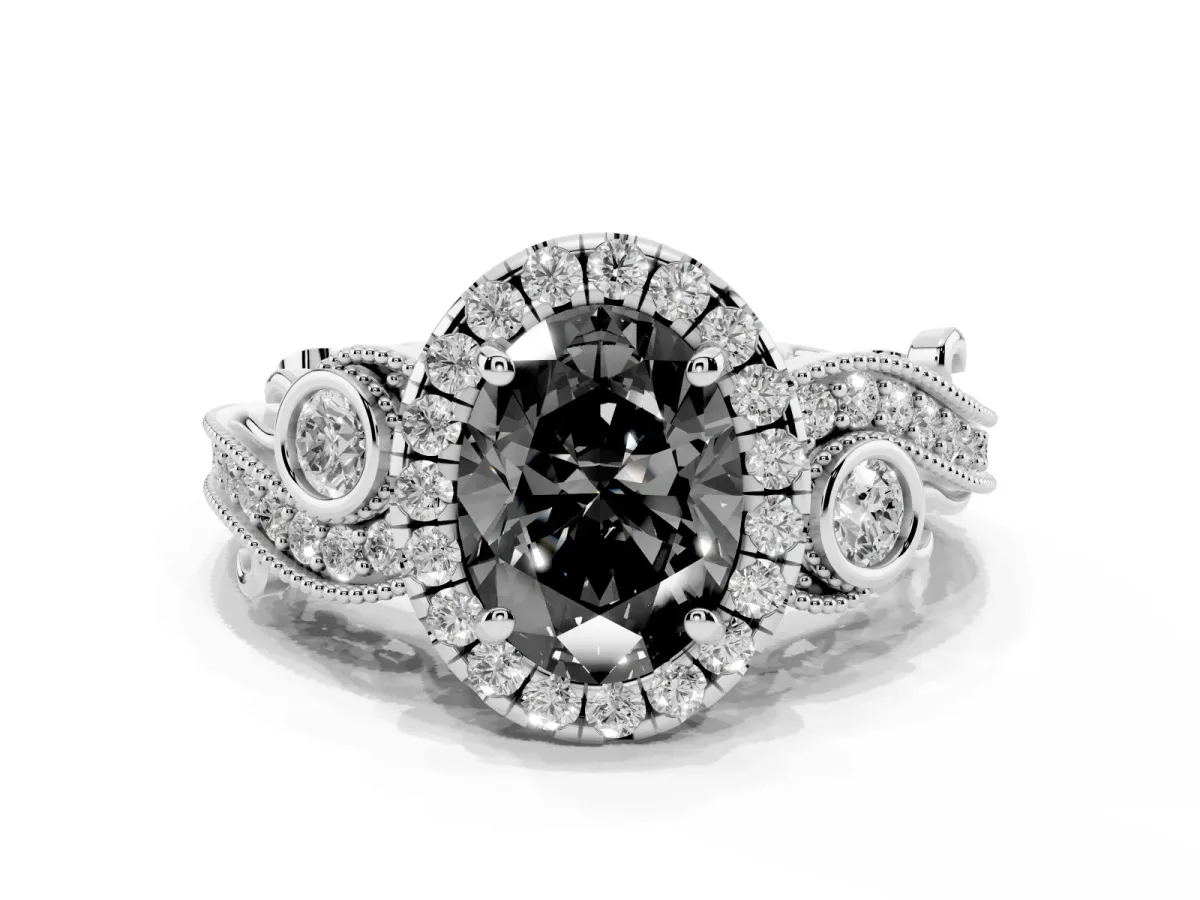 Fancy Black Oval Cut Halo Diamond Ring with Milgrain and Bezel Accents on a Split Shank Band Platinum